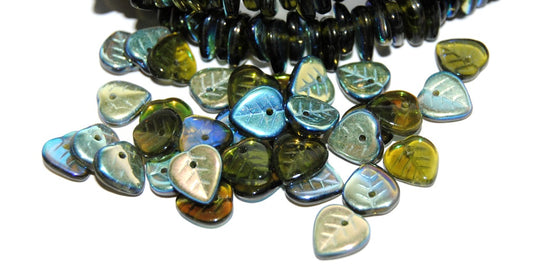 Lilac Leaf Pressed Glass Beads, Transparent Green Ab (50230 Ab), Glass, Czech Republic