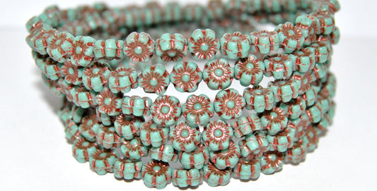 Hawaii Flower Pressed Glass Beads, Turquoise 43806 Metalic (63130 43806 Metalic), Glass, Czech Republic