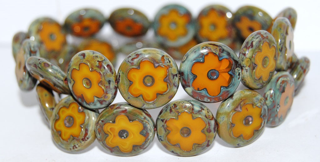 Table Cut Round Beads With Flower, Opal Yellow 66800 (81210 66800), Glass, Czech Republic