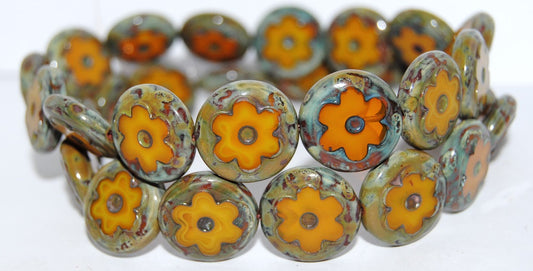 Table Cut Round Beads With Flower, Opal Yellow 66800 (81210 66800), Glass, Czech Republic