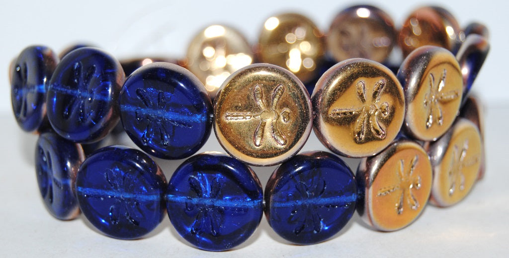 Round Flat Wit Dragonfly Pressed Glass Beads, Transparent Blue 27101 (30060 27101), Glass, Czech Republic