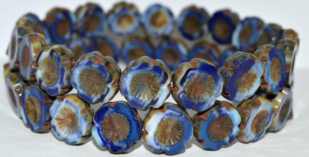 Table Cut Round Beads Hawaii Flowers, Blue Travertin (Blue 86800), Glass, Czech Republic