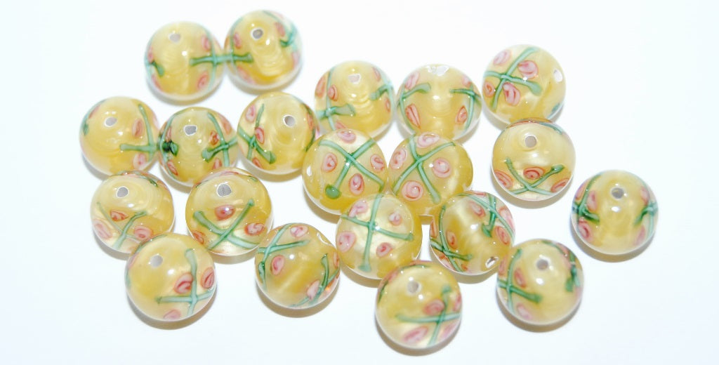 Czech Glass Hand Made Round Lampwork Beads With Flower, (10 J), Glass, Czech Republic