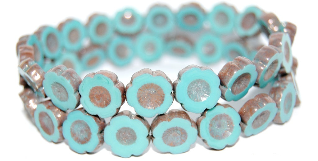 Table Cut Round Beads Hawaii Flowers, Turquoise Bronze (63130 14415), Glass, Czech Republic