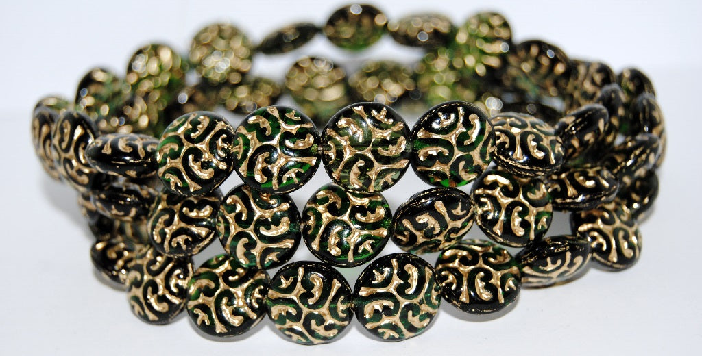 Lentil Round With Ornament Brain Pressed Glass Beads, Dark Green Mixed Colors 54202 (Dark Green Mix 54202), Glass, Czech Republic