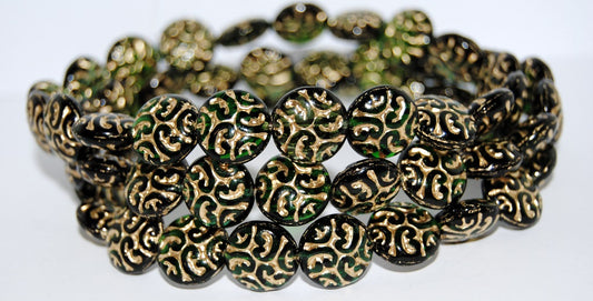 Lentil Round With Ornament Brain Pressed Glass Beads, Dark Green Mixed Colors 54202 (Dark Green Mix 54202), Glass, Czech Republic