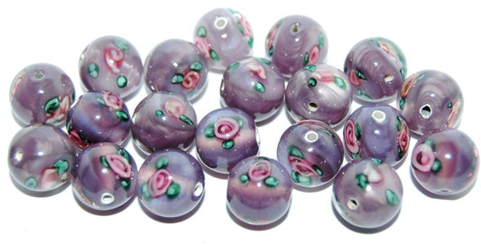 Czech Glass Hand Made Round Lampwork Beads With Flower, (10 B), Glass, Czech Republic