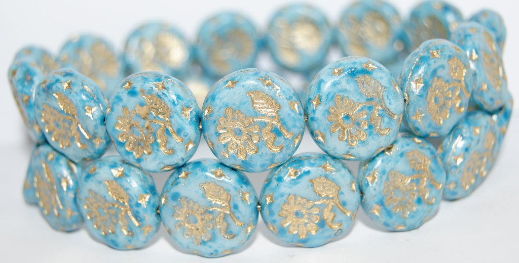 Round Flat With Flower Marguerite Pressed Glass Beads, Chalk White Lava Glass Aqua 54202 (3000 Lava Glass Aqua 54202), Glass, Czech Republic