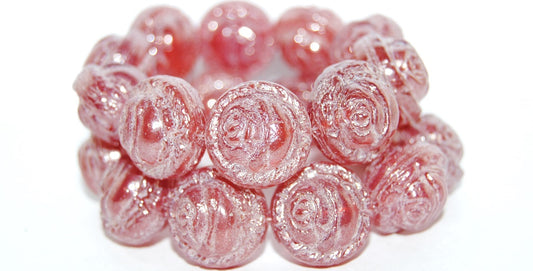 Round With Rose Flower Pressed Glass Beads, Opal Pink Hematite (71010 14400), Glass, Czech Republic