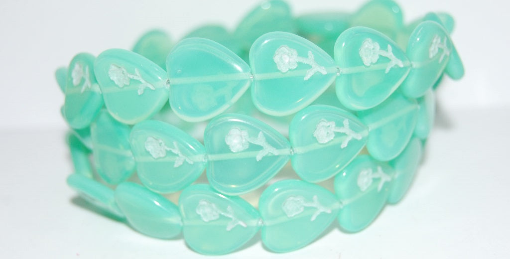 Heart Pressed Glass Beads With Flower, Opal Aqua 46401 (61100 46401), Glass, Czech Republic