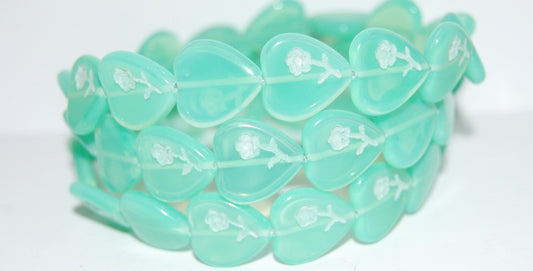 Heart Pressed Glass Beads With Flower, Opal Aqua 46401 (61100 46401), Glass, Czech Republic