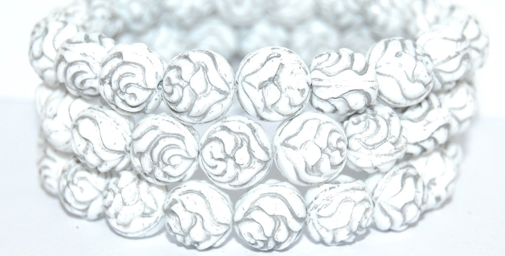 Round Rose Pressed Glass Beads, White 54201 (2010 54201), Glass, Czech Republic