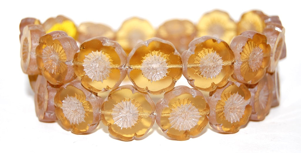 Table Cut Round Beads Hawaii Flowers, Transparent Orange Luster Cream (10040 14401), Glass, Czech Republic