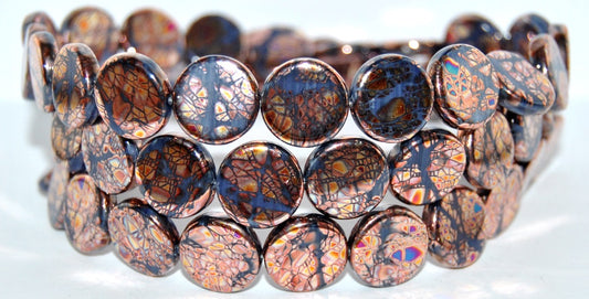 Flat Round Coin Pressed Glass Beads, (33070300 Mini Fire Batika), Glass, Czech Republic