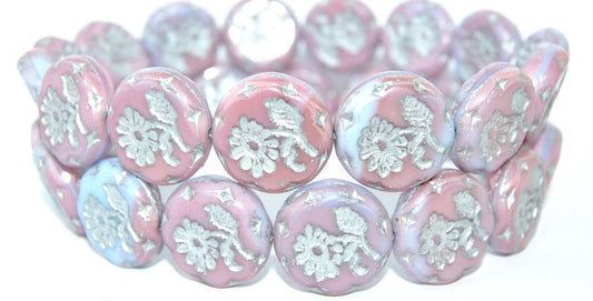 Round Flat With Flower Marguerite Pressed Glass Beads, Opaque Lilac Blue 54201 (37714 54201), Glass, Czech Republic