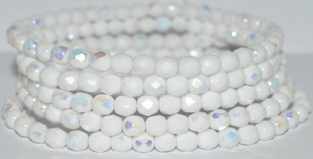 Fire Polished Round Faceted Beads, Chalk White Ab (3000 Ab), Glass, Czech Republic