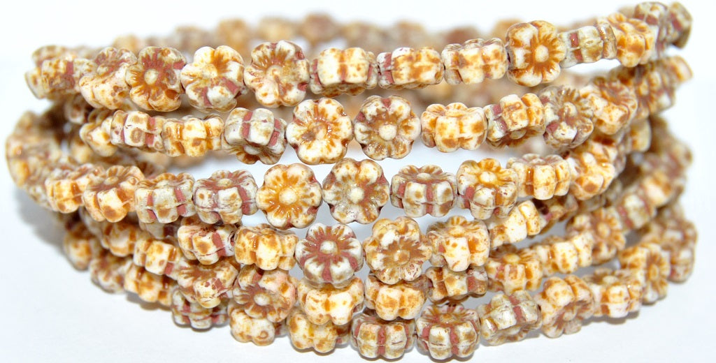 Hawaii Flower Pressed Glass Beads, White Travertin (2010 86800), Glass, Czech Republic