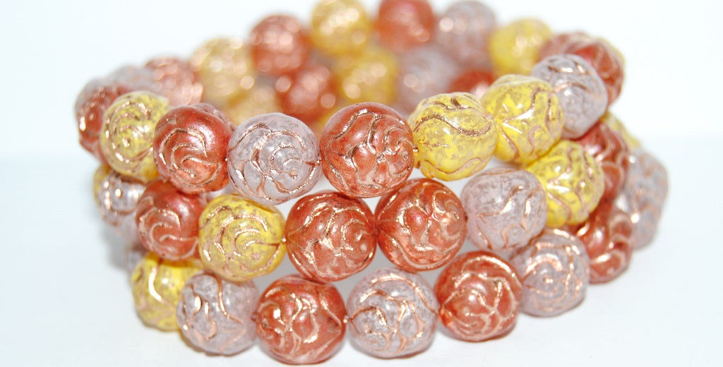 Round Rose Pressed Glass Beads, Lava Glass Mixed Colors Pastel 54200 (Lava Glass Mix Pastel 54200), Glass, Czech Republic