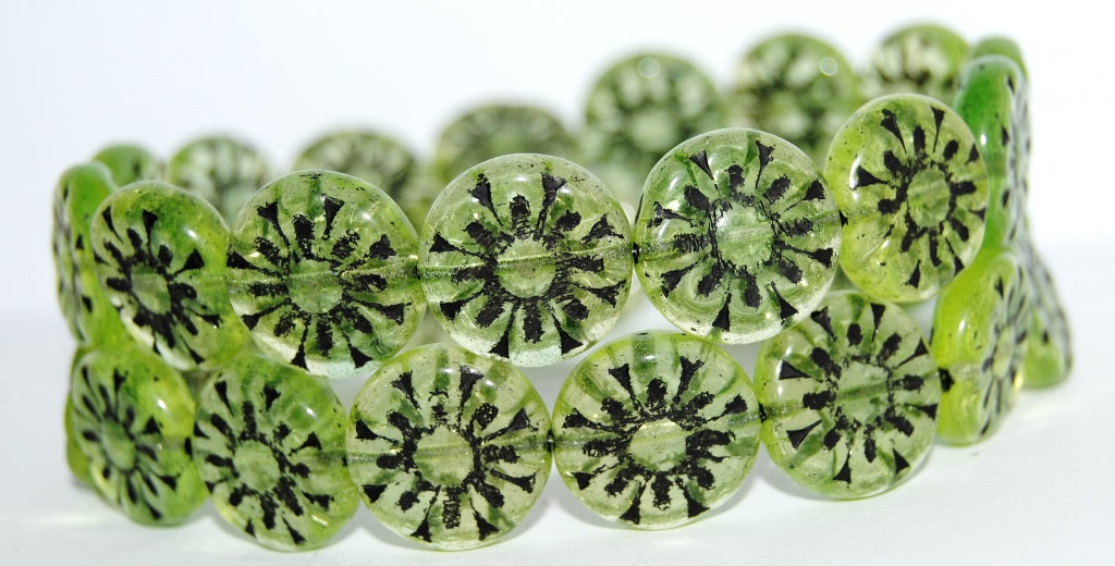 Flat Round With Flower Pressed Glass Beads, (57801 23202), Glass, Czech Republic