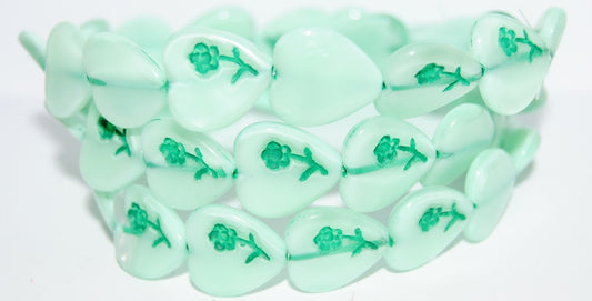 Heart Pressed Glass Beads With Flower, Teal 46450 (56218 46450), Glass, Czech Republic
