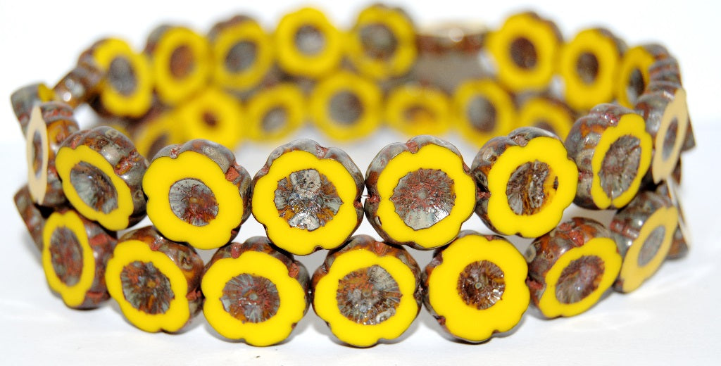 Table Cut Round Beads Hawaii Flowers, Yellow 43400 (83120 43400), Glass, Czech Republic