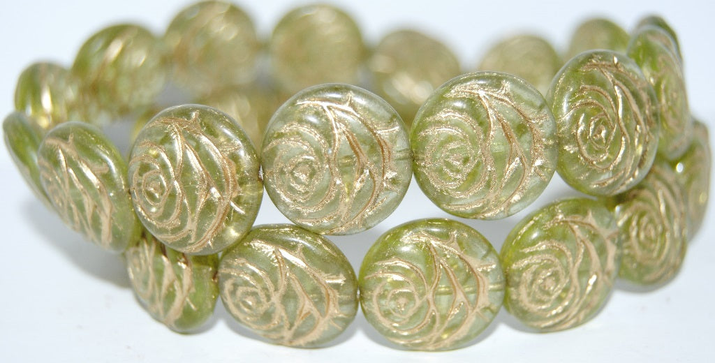 Round Flat Rose Flower Pressed Glass Beads, Transparent Yellow 54202 (80130 54202), Glass, Czech Republic