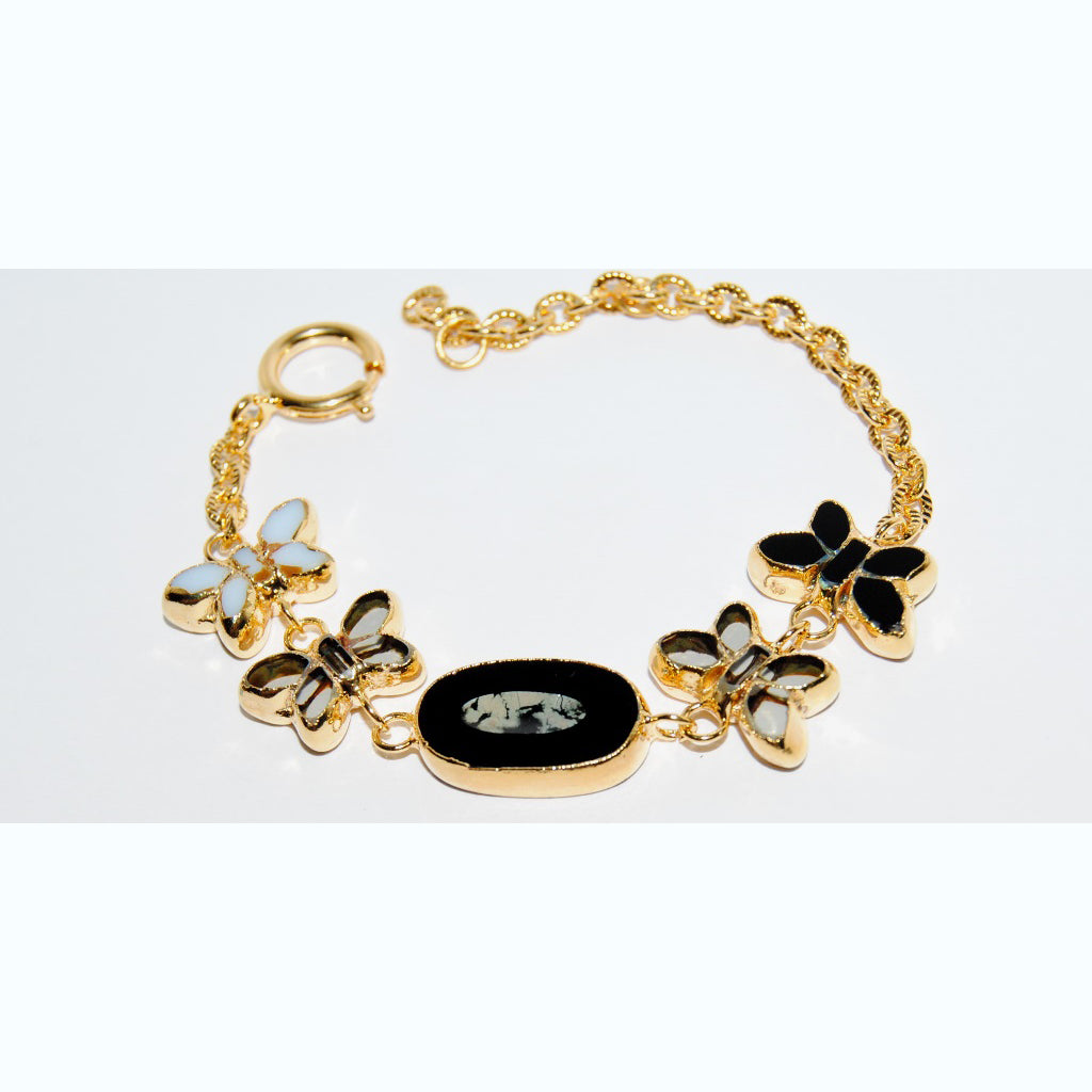 Polished Table Cut Flower Bead Bracelet with Adjustable Length, Handmade, Butterfly 20 mm + Oval 22 mm (S-20-A)