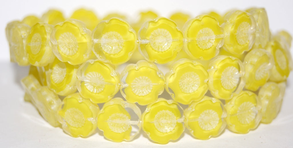 Table Cut Round Beads Hawaii Flowers, 86036 Luster Cream (86036 14401), Glass, Czech Republic