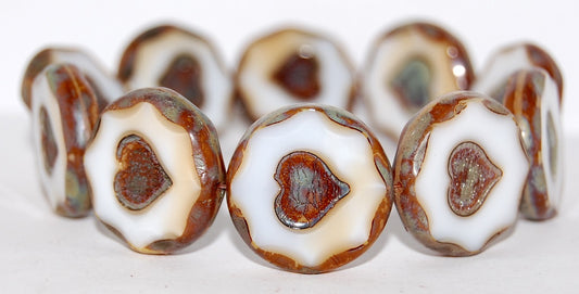 Table Cut Round Beads With Heart, Dark Beige 43400 (7193 43400), Glass, Czech Republic