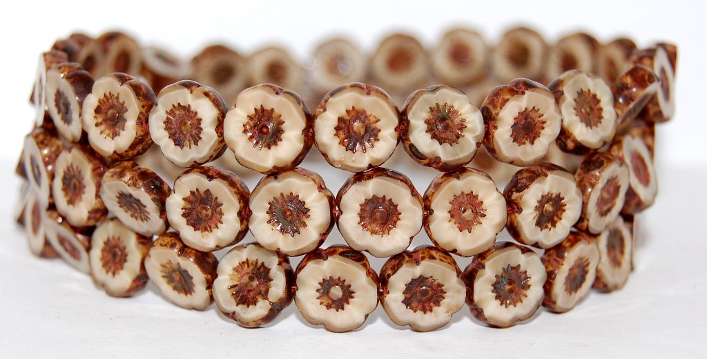 Table Cut Round Beads Hawaii Flowers, 14010 Travertin (14010 86800), Glass, Czech Republic