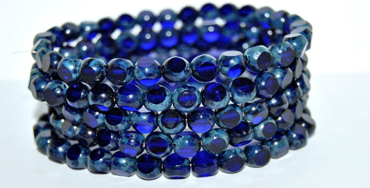 3-Cut Round Pressed Druck Glass Beads, Transparent Blue 43500 (30090 43500), Glass, Czech Republic