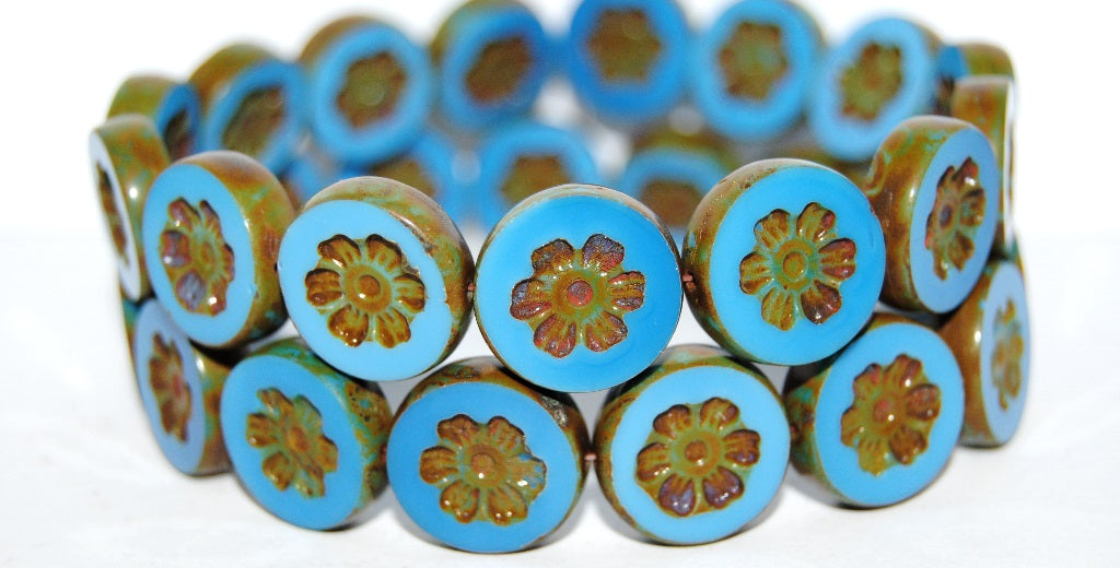 Table Cut Round Beads With Flower, Blue Travertin (62010 86800), Glass, Czech Republic