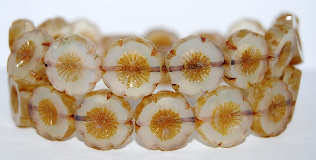 Table Cut Round Beads Hawaii Flowers, 1000 Travertin (1000 86800), Glass, Czech Republic