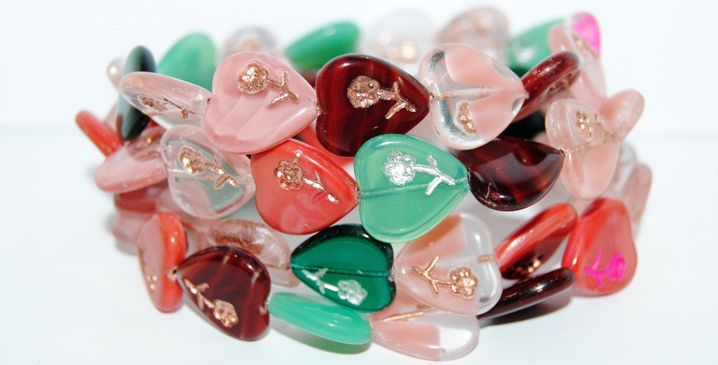 Heart Pressed Glass Beads With Flower, Color Mixed Colors 54200 (Color Mix 54200), Glass, Czech Republic