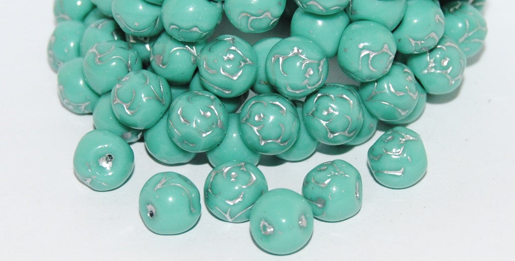 Round Pressed Glass Beads With Rose, Turquoise 54201 (63130 54201), Glass, Czech Republic