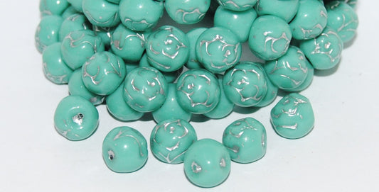 Round Pressed Glass Beads With Rose, Turquoise 54201 (63130 54201), Glass, Czech Republic