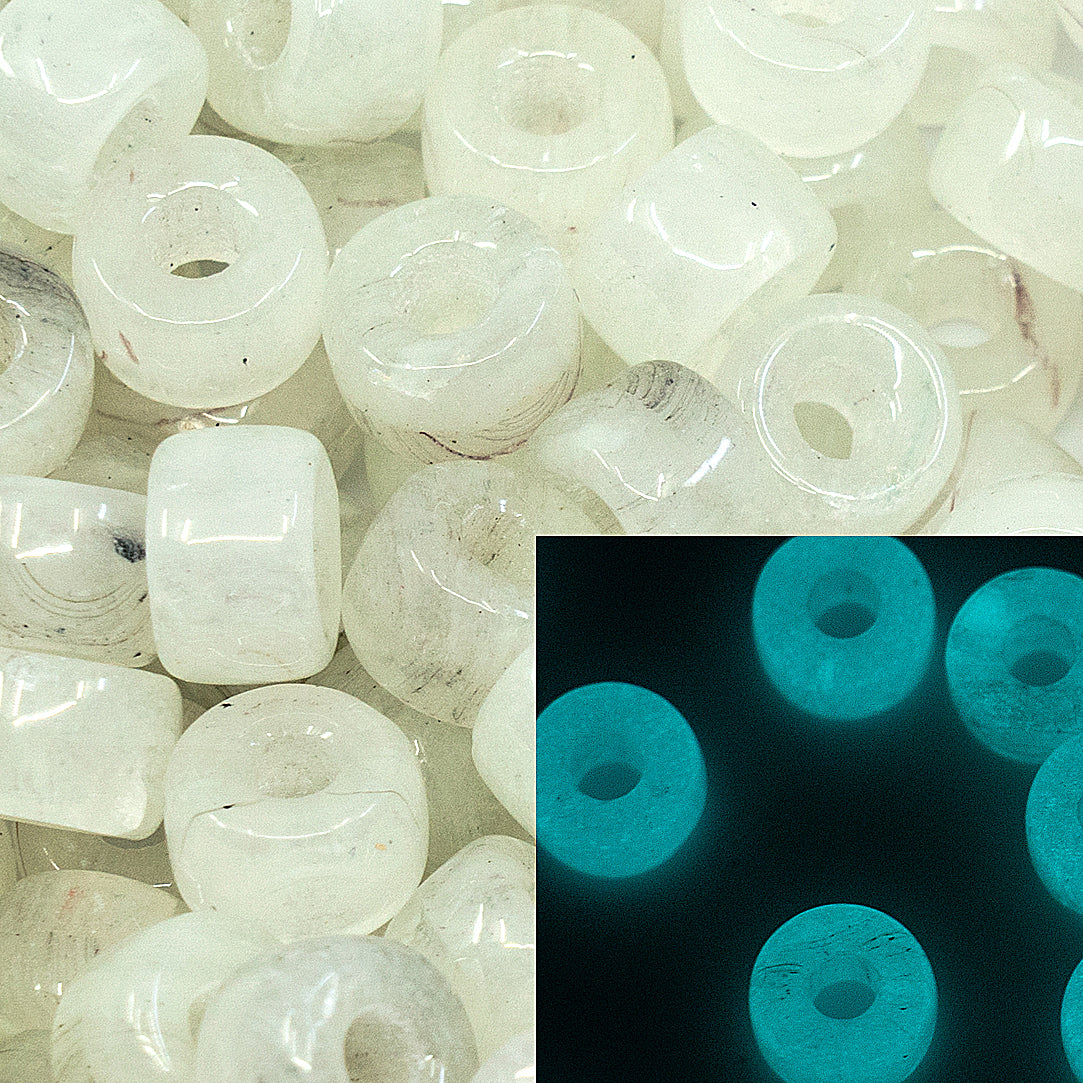 Pony Round Big-hole glass beads, 9x6mm with big hole 2 mm, Czech Republic, Dirty White - Glow in the Dark Bright Blue