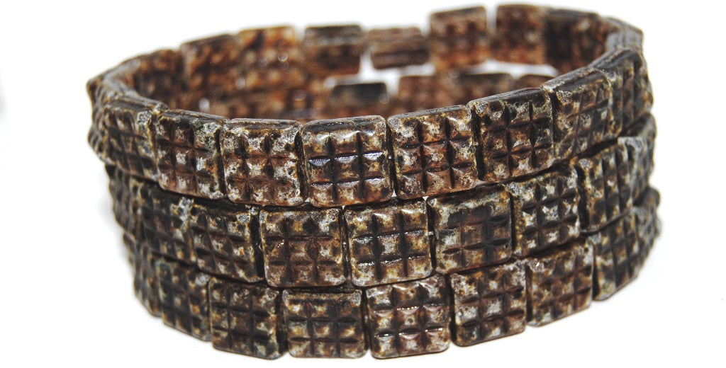 Square With 9 Squares Pressed Glass Beads, Transparent Orange Stain Strong Antiq (10040 86805 Antiq), Glass, Czech Republic