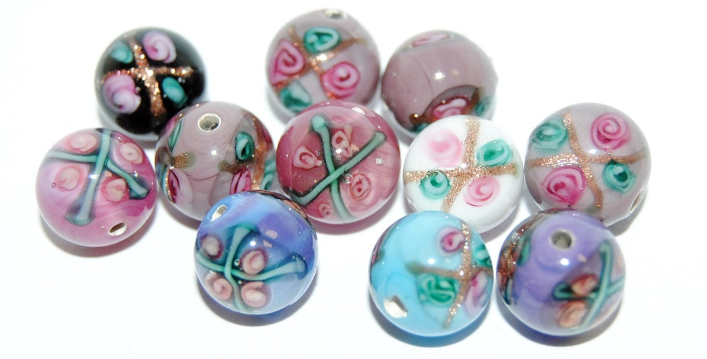 Czech Glass Hand Made Round Lampwork Beads With Flower, (10 L), Glass, Czech Republic