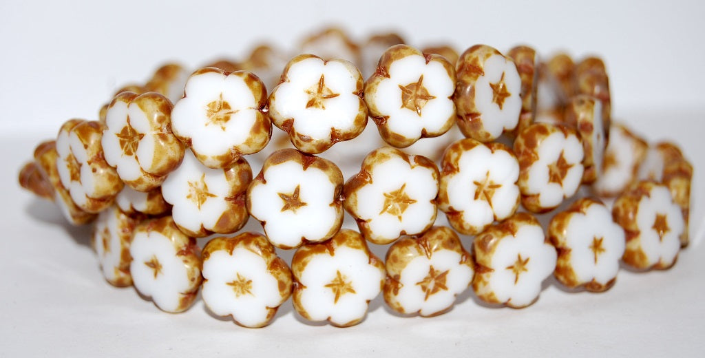 Table Cut Flower Beads, White Travertin (2010 86800), Glass, Czech Republic