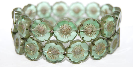 Table Cut Round Beads Hawaii Flowers, Transparent Green Luster Red Full Coated (50520 14495), Glass, Czech Republic