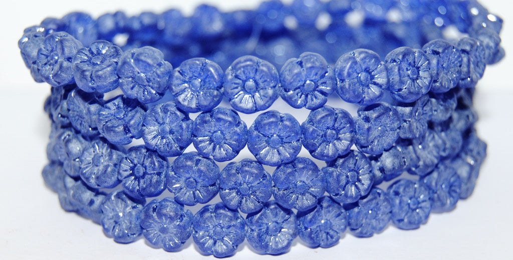 Hawaii Flower Pressed Glass Beads, Transparent Blue Luster Cream (30080 14401), Glass, Czech Republic