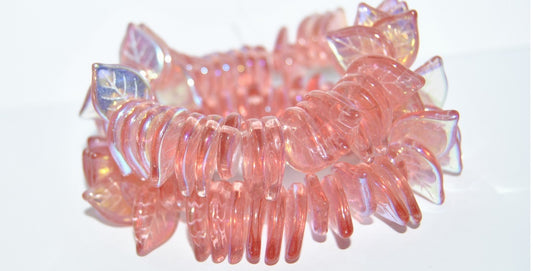 Czech Glass Pressed Beads Leaf, Transparent Pink Ab (70130 Ab), Glass, Czech Republic
