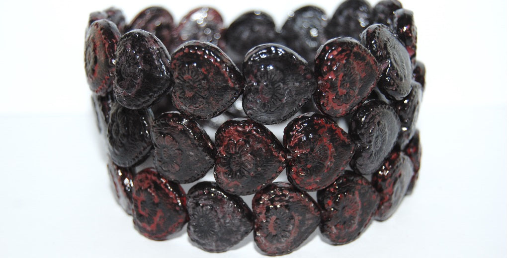 Heart With Flower Pressed Glass Beads, Crystal Lava Rb (30 Lava Rb), Glass, Czech Republic