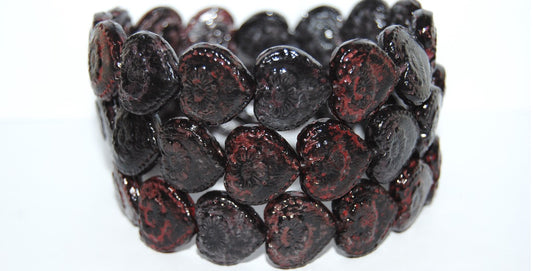 Heart With Flower Pressed Glass Beads, Crystal Lava Rb (30 Lava Rb), Glass, Czech Republic