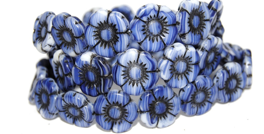 Round Flat Flower Pressed Glass Beads, (35010 23202), Glass, Czech Republic