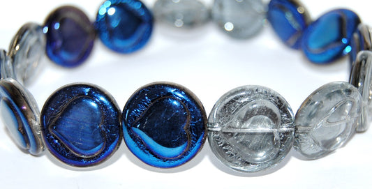 Round Flat Wit Convex Heart Pressed Glass Beads, Crystal 29900 (30 29900), Glass, Czech Republic