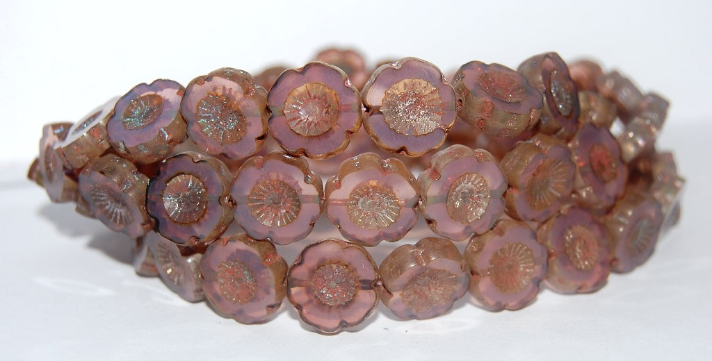 Table Cut Round Beads Hawaii Flowers, Opal Pink 43400 (71000 43400), Glass, Czech Republic