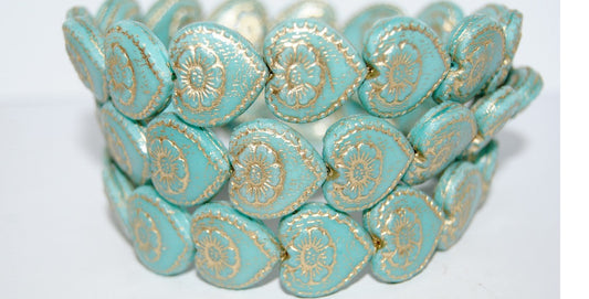Heart With Flower Pressed Glass Beads, Opaque Green 54202 (54020 54202), Glass, Czech Republic