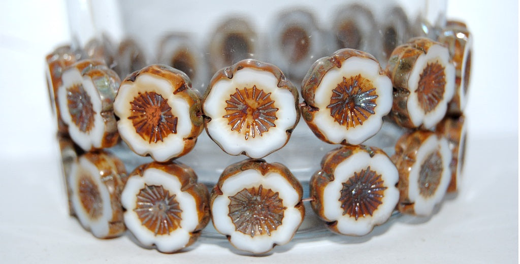 Table Cut Round Beads Hawaii Flowers, Dark Beige 43400 (7193 43400), Glass, Czech Republic